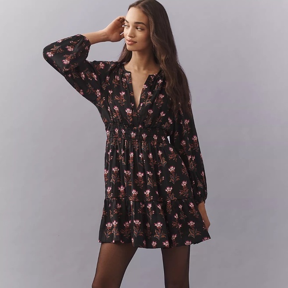 ANTHROPOLOGIE The Somerset Mini Dress: Long-Sleeve Edition - Black & Pink, NWT